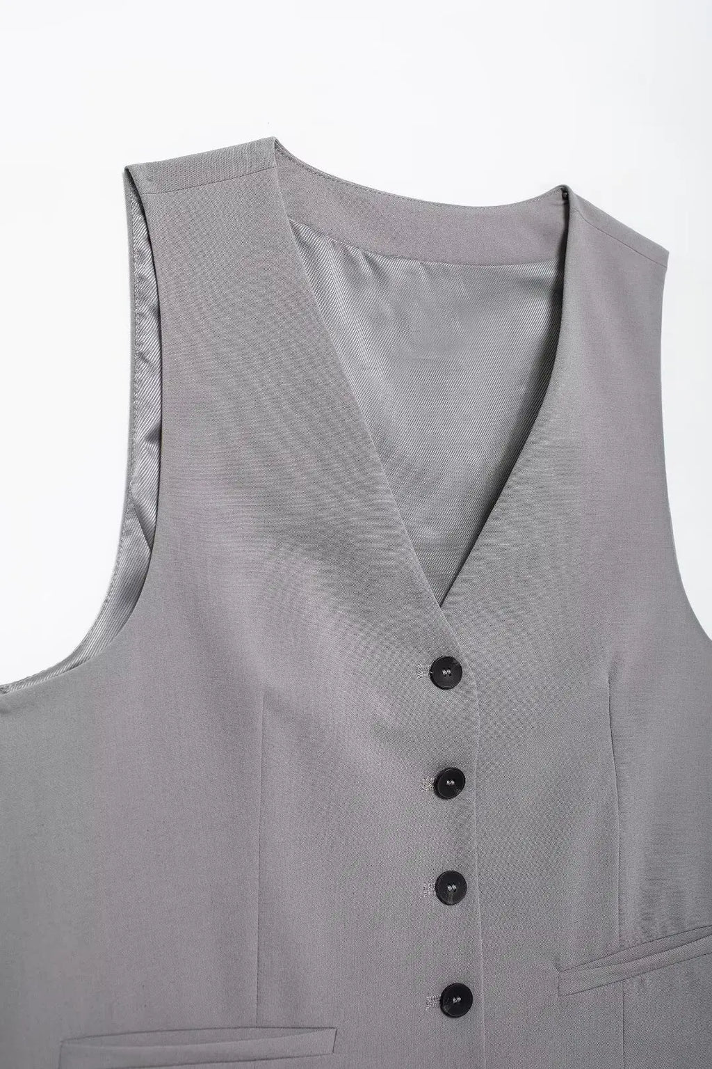 Solid Sleeveless V-Neck Vest and High Waist Zipper Loose Pants Set for Office and Casual Wear