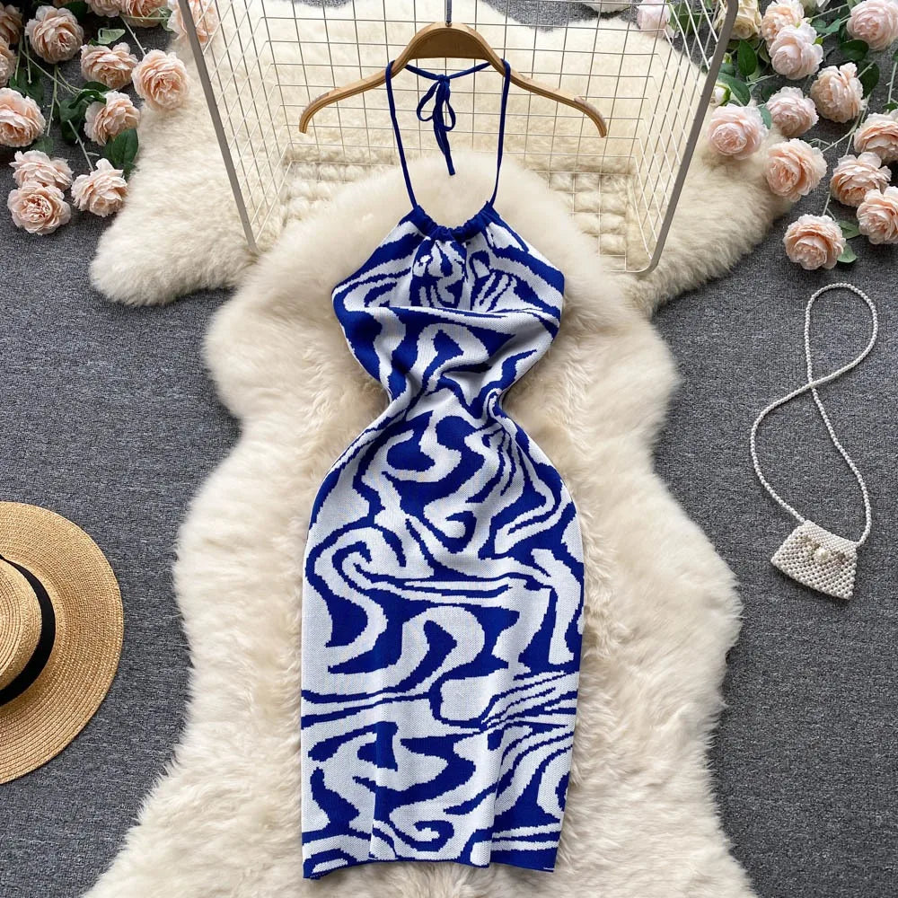 Backless Halter Knit Bodycon Beach Dress For Women Chic