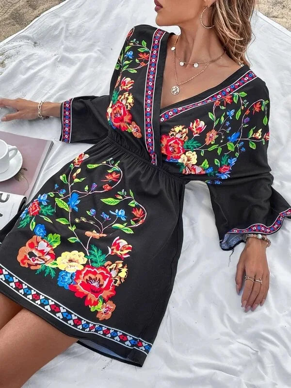 Bohemian Dress With V Neck And Tie Waist Beach Vacation