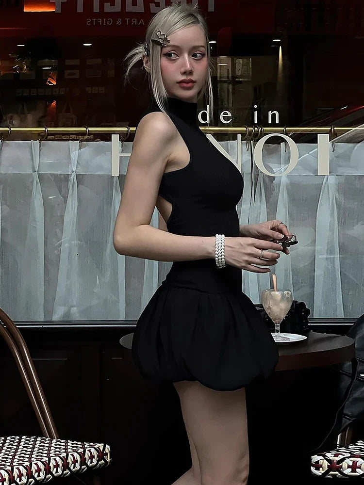 Ribbed Sleeveless Patchwork Bubble Backless Minidress