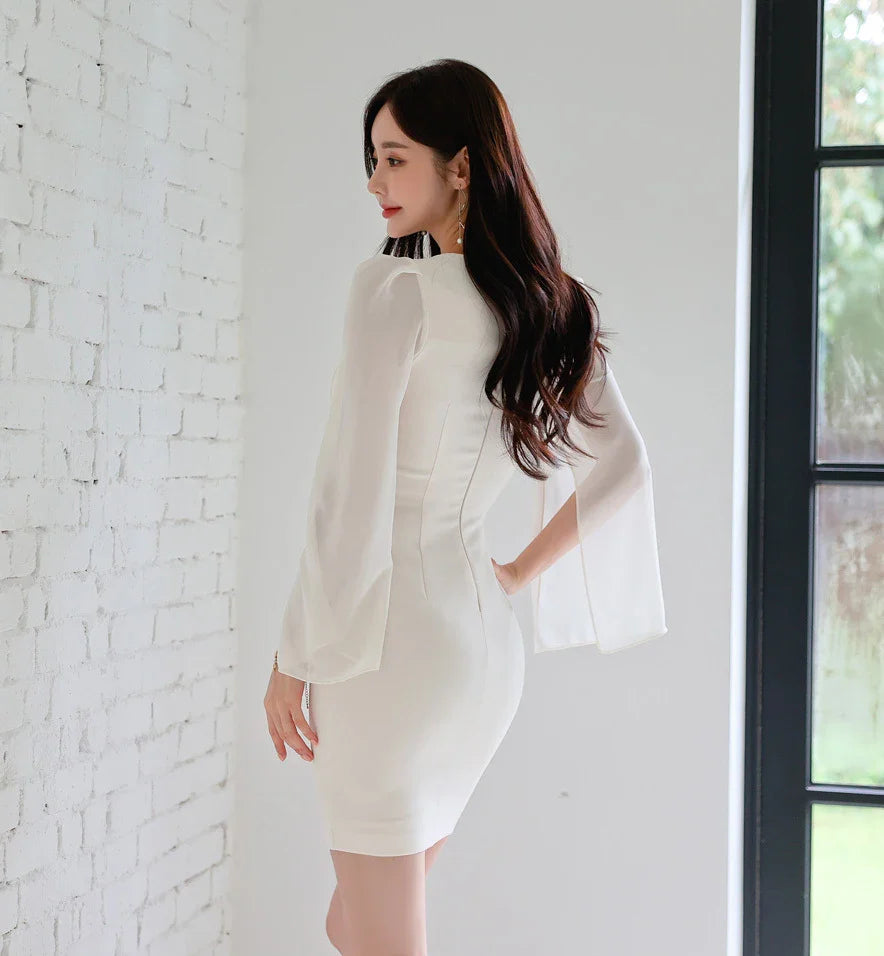 Korean White Sheath Dress With Flare Sleeves For Work