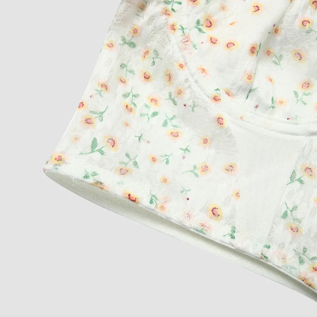 Sexy Lace Embroidered Hollow Out Short Sleeve Bodycon Blouse with Backless Design and Printed Puff Sleeves Slim Fit Crop Top