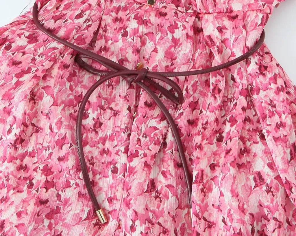 Floral Print Midi Dress V Neck Long Sleeve With Waist Tie