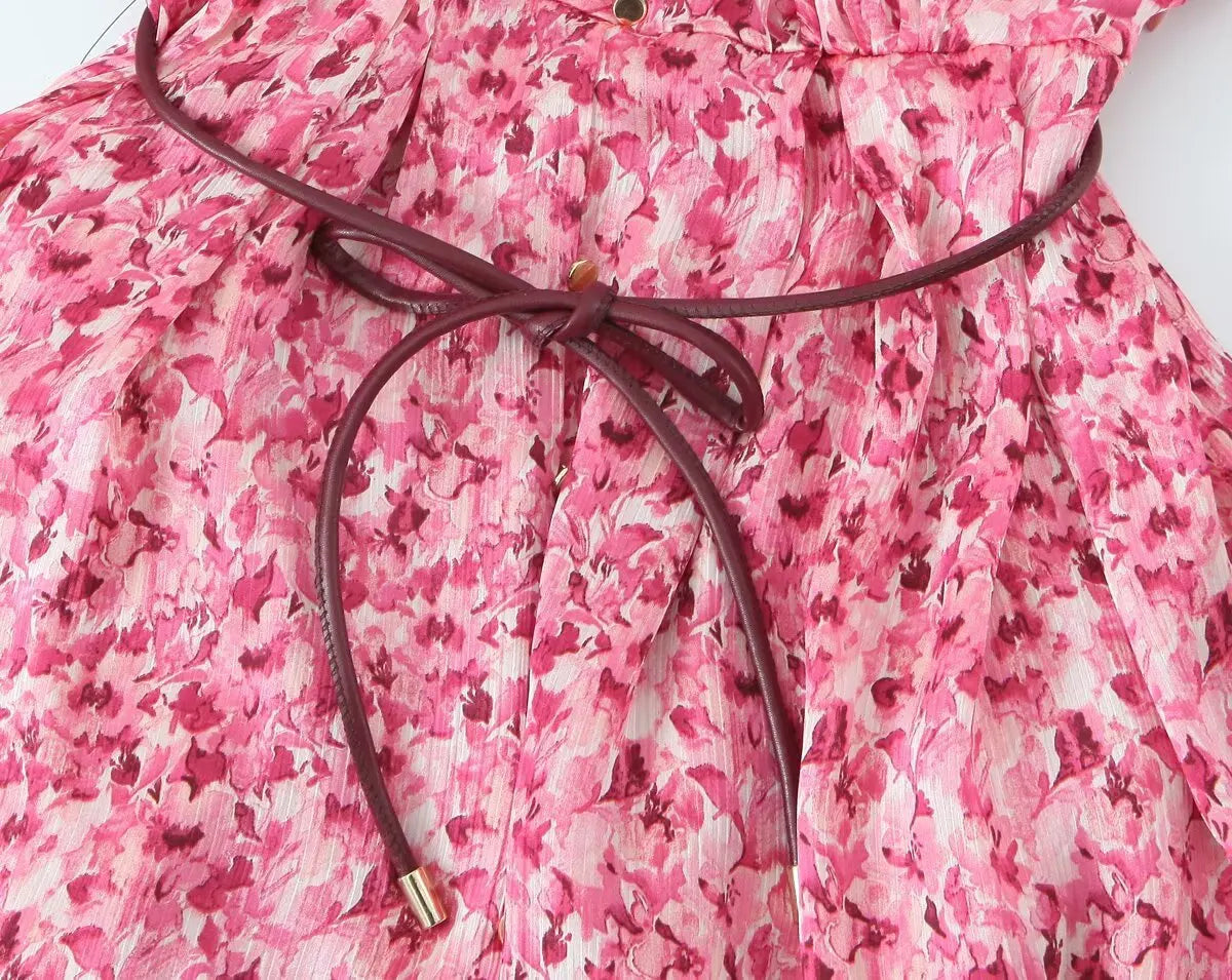 Floral Print Midi Dress V Neck Long Sleeve With Waist Tie