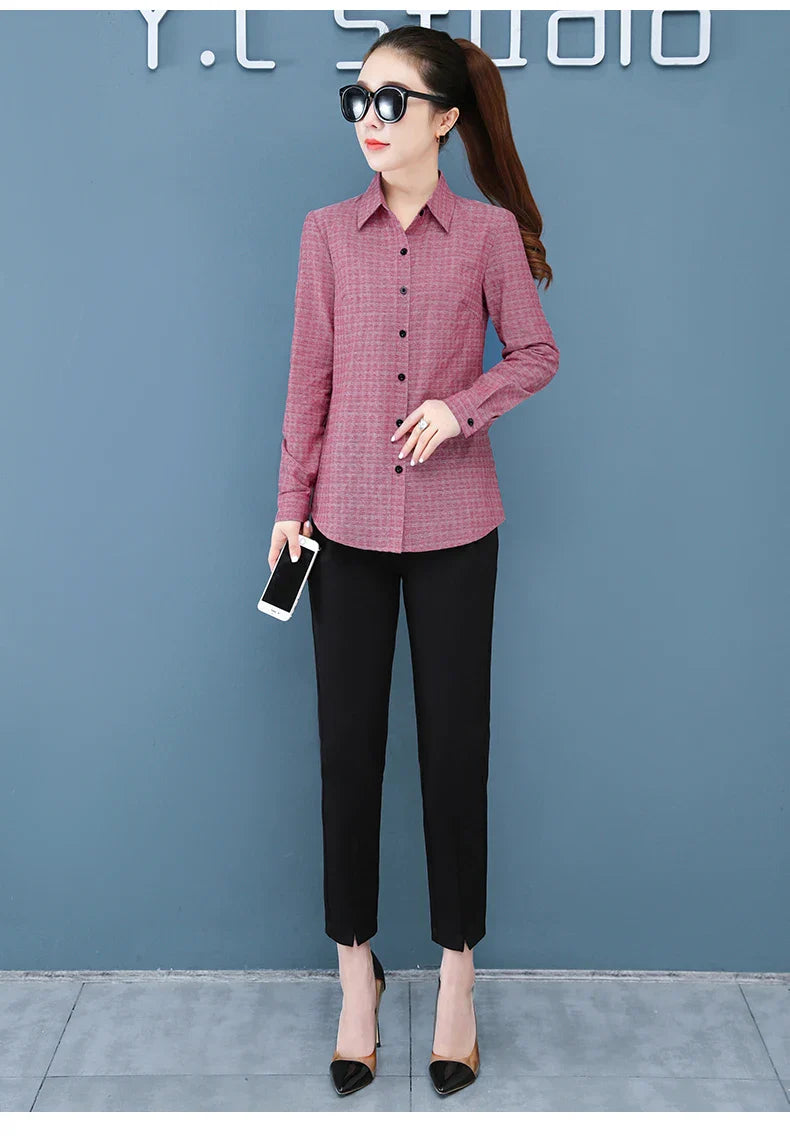 Women's Long Sleeve Slimming Cotton Shirt with Flip Collar Casual Versatile Top for Spring and Autumn Fashion
