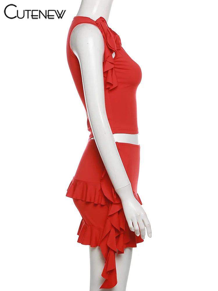 Women's Halter Lace-Up Two-Piece Set with Spaghetti Strap Camisole and Slim Fit Mini Skirt Stylish Streetwear Dress Suit