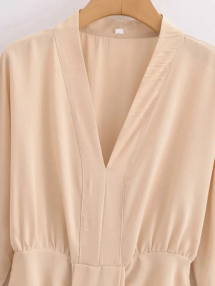 Women Elegant Solid Waist Draped V Neck Evening Dress