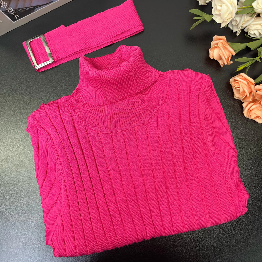 Rib Knit Bodycon Dress Belted Turtleneck Sweater Winter