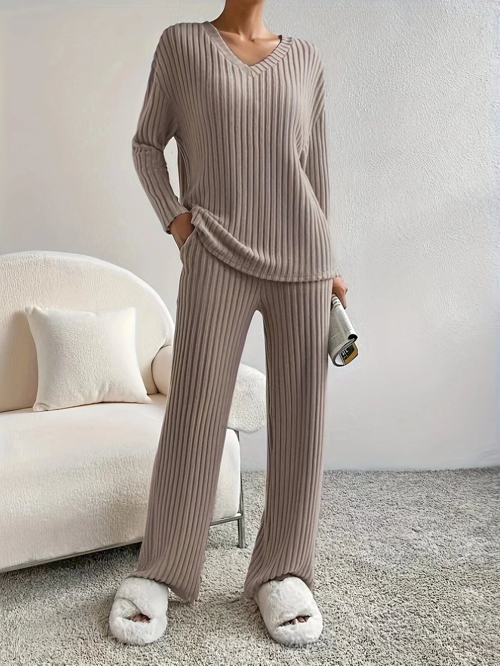 Autumn Winter Loose Casual V Neck Striped Knitted Two-Piece Set with Long Sleeve Top and Straight Tube Pants