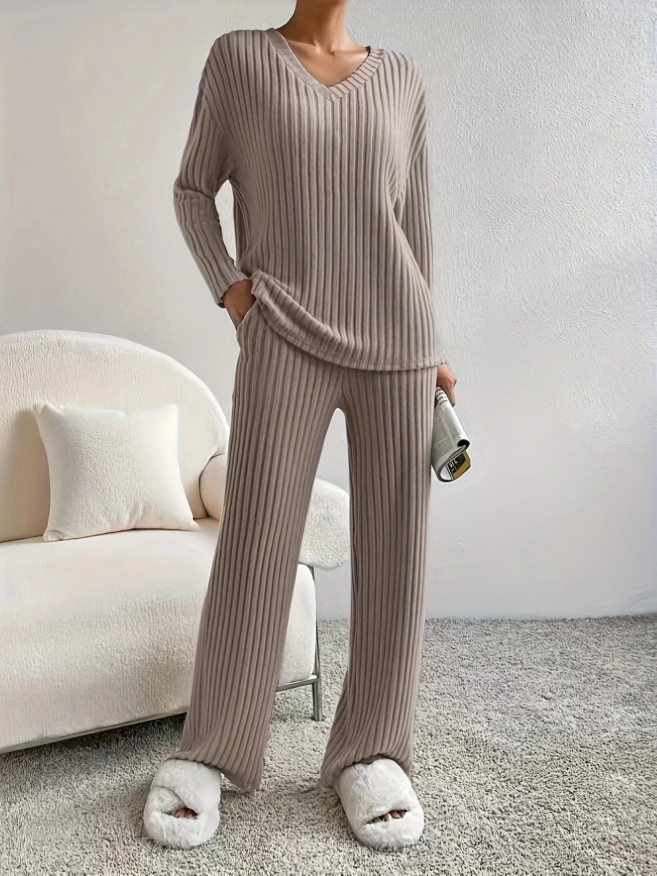 Autumn Winter Loose Casual V Neck Striped Knitted Two-Piece Set with Long Sleeve Top and Straight Tube Pants