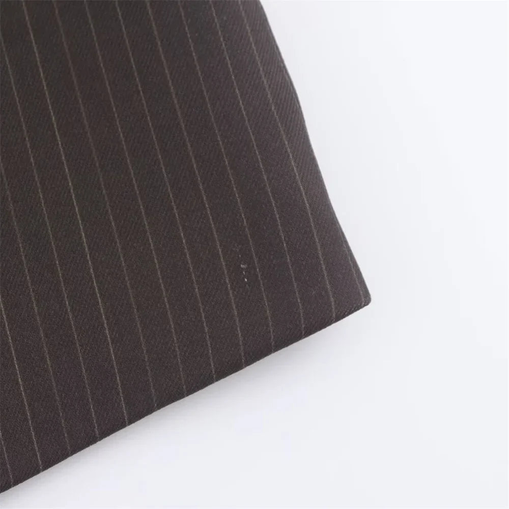 Autumn Women's Fashion Striped Loose Suit Coat with Buckle Decoration and High Waist Striped Pants Set