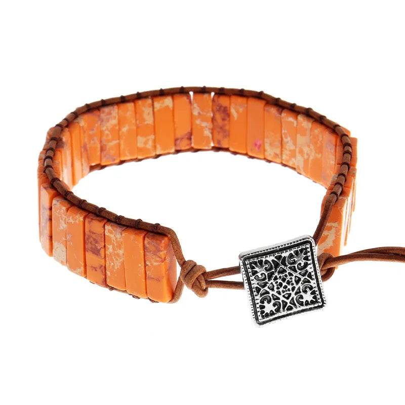 Bohemian Multicolor Chakra Healing Bracelet with Rectangular Stones and Leather Rope Woven Design