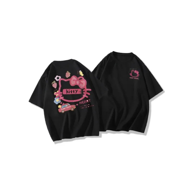 Japanese Cute Kitty Cat T-Shirt for Women O-Neck Short Sleeve Casual Top