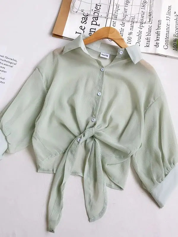 Women Buttoned Up Chiffon Blouse Tied Waist Crop Top Office Lady Shirt Thin and Lightweight