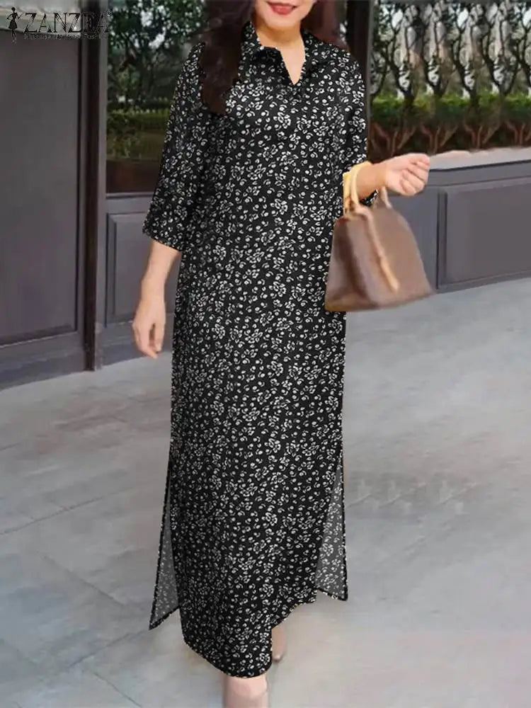 Autumn Floral Cotton Long Shirt Dress For Women With Lapel