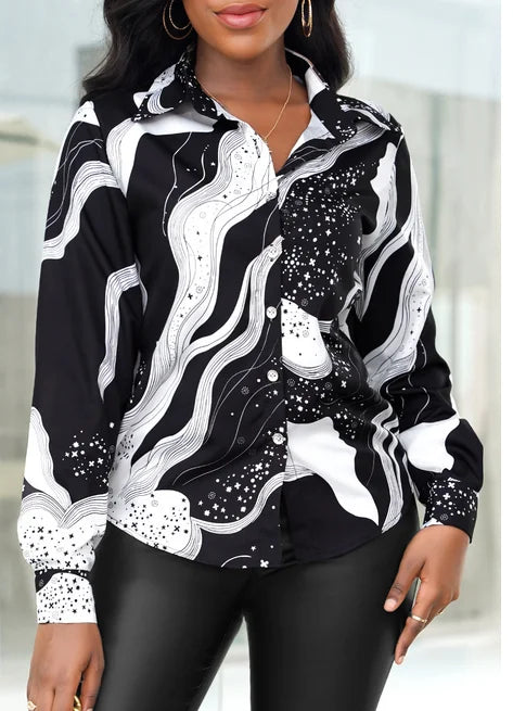 Women's Casual Letter Print Button Front Shirt Long Sleeve Lightweight Top for Spring and Fall