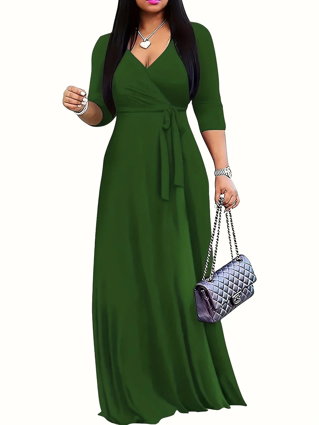 Bohemian Floral Maxi Dress With V Neck Three Quarter Sleeves