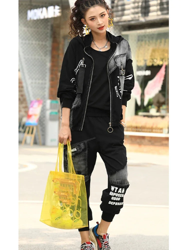 Spring Punk Fashion Women's Two Piece Set with Loose Hooded Jacket and Classic Fitness Pants
