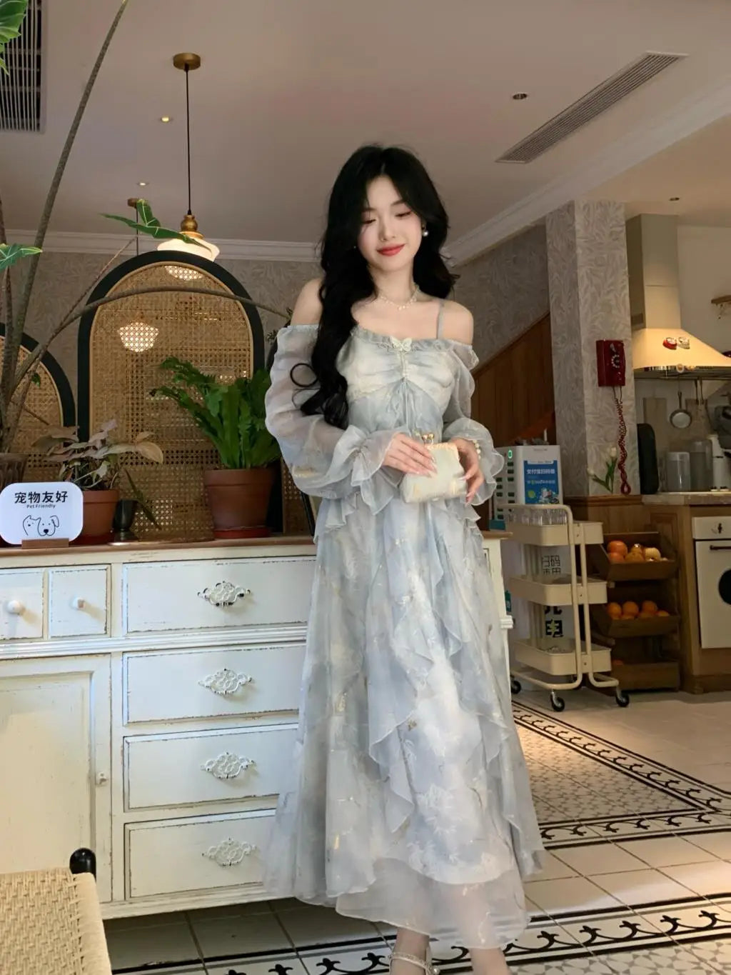 Off Shoulder Dress Ruffle A Line Long French Print