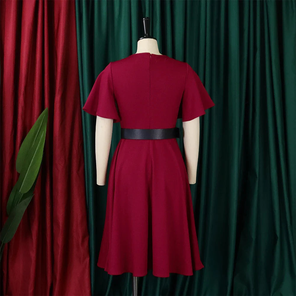 Elegant Womens Belted Round Neck Ruffle Sleeve Midi Dress