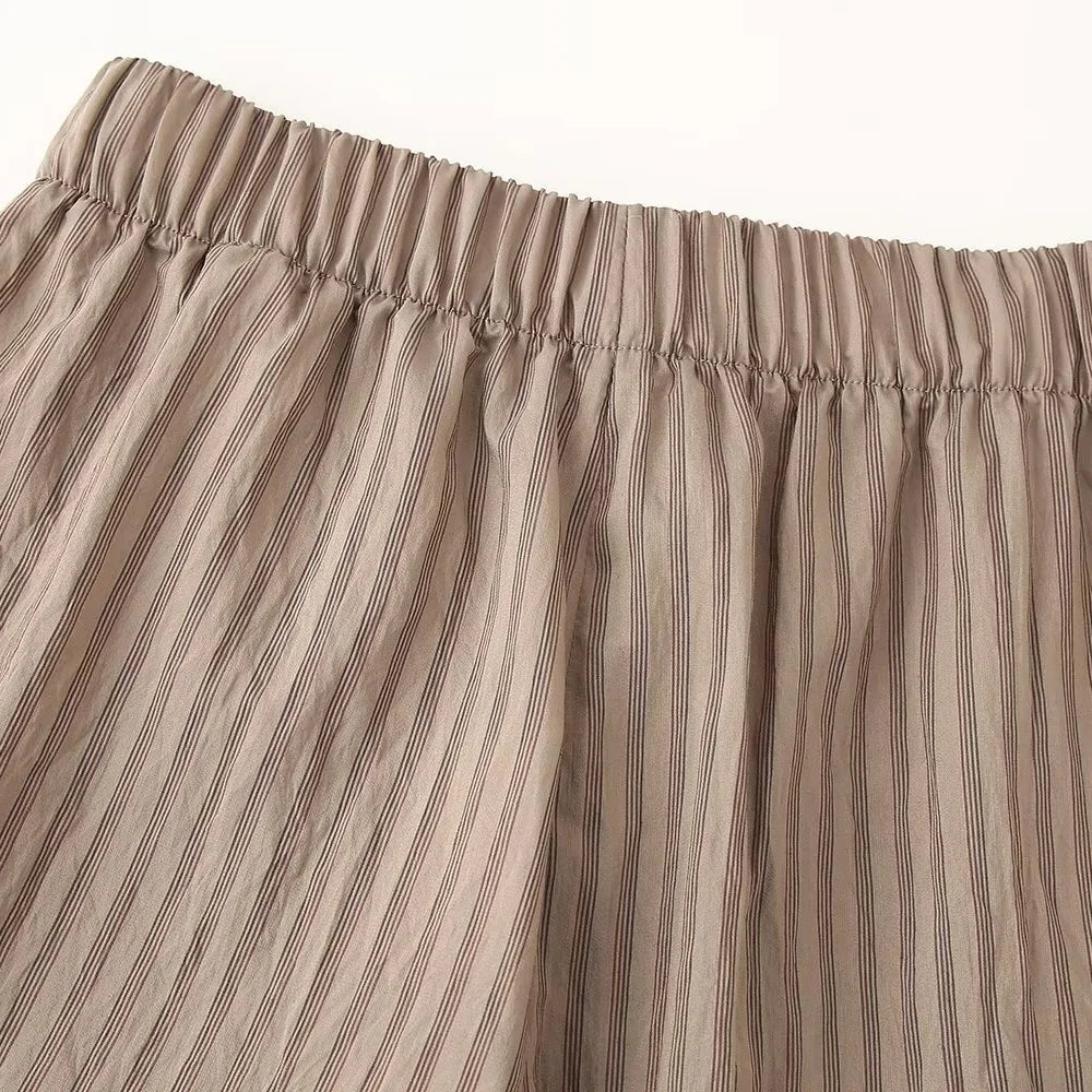 Women's Casual Striped Shirt and Elastic Waist Wide Leg Pants Relaxing Set