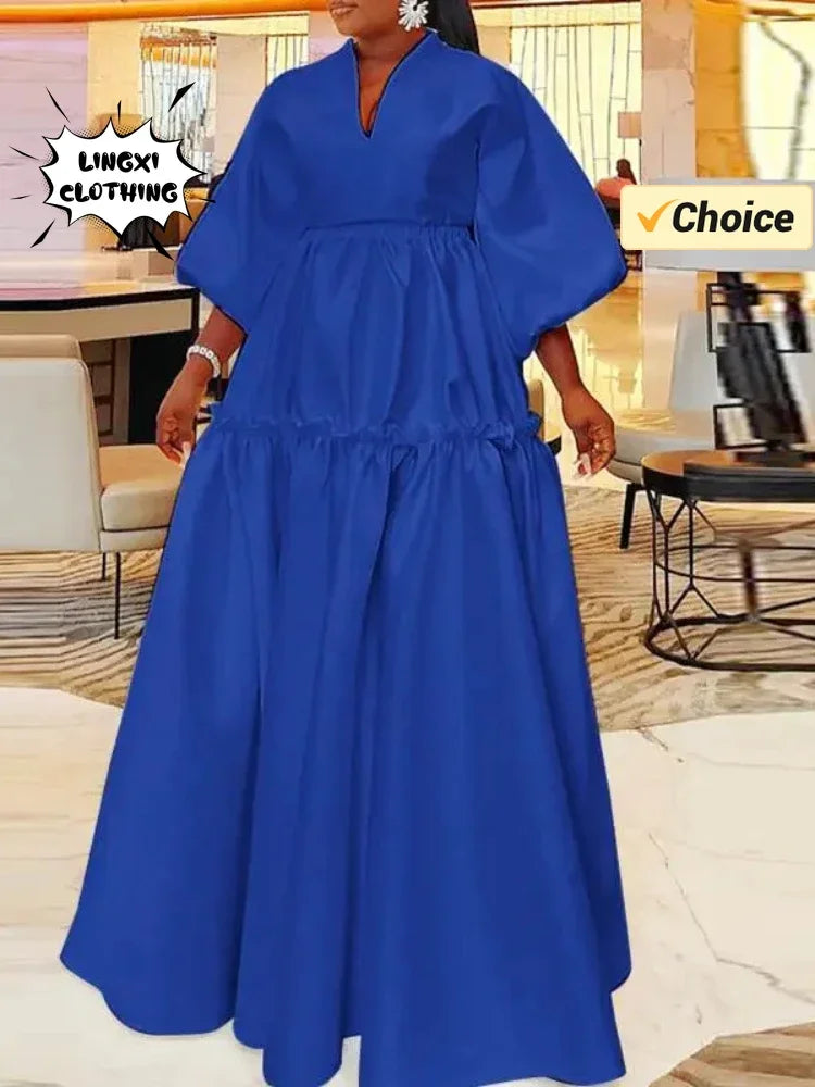 Womens V Neck Long Dress Solid Color Summer Loose Fit