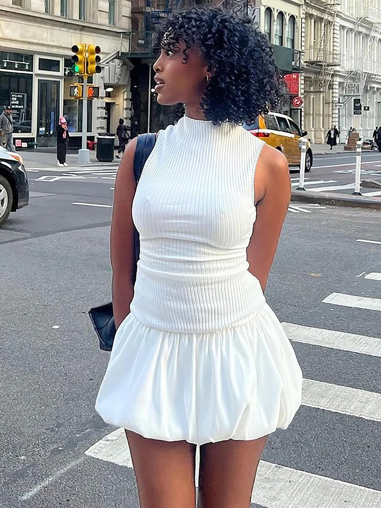 Ribbed Sleeveless Patchwork Bubble Backless Minidress