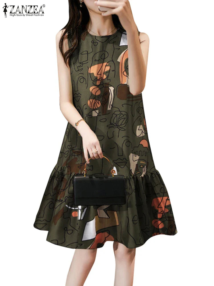 Bohemian Sundress Sleeveless Knee Length With Ruffles