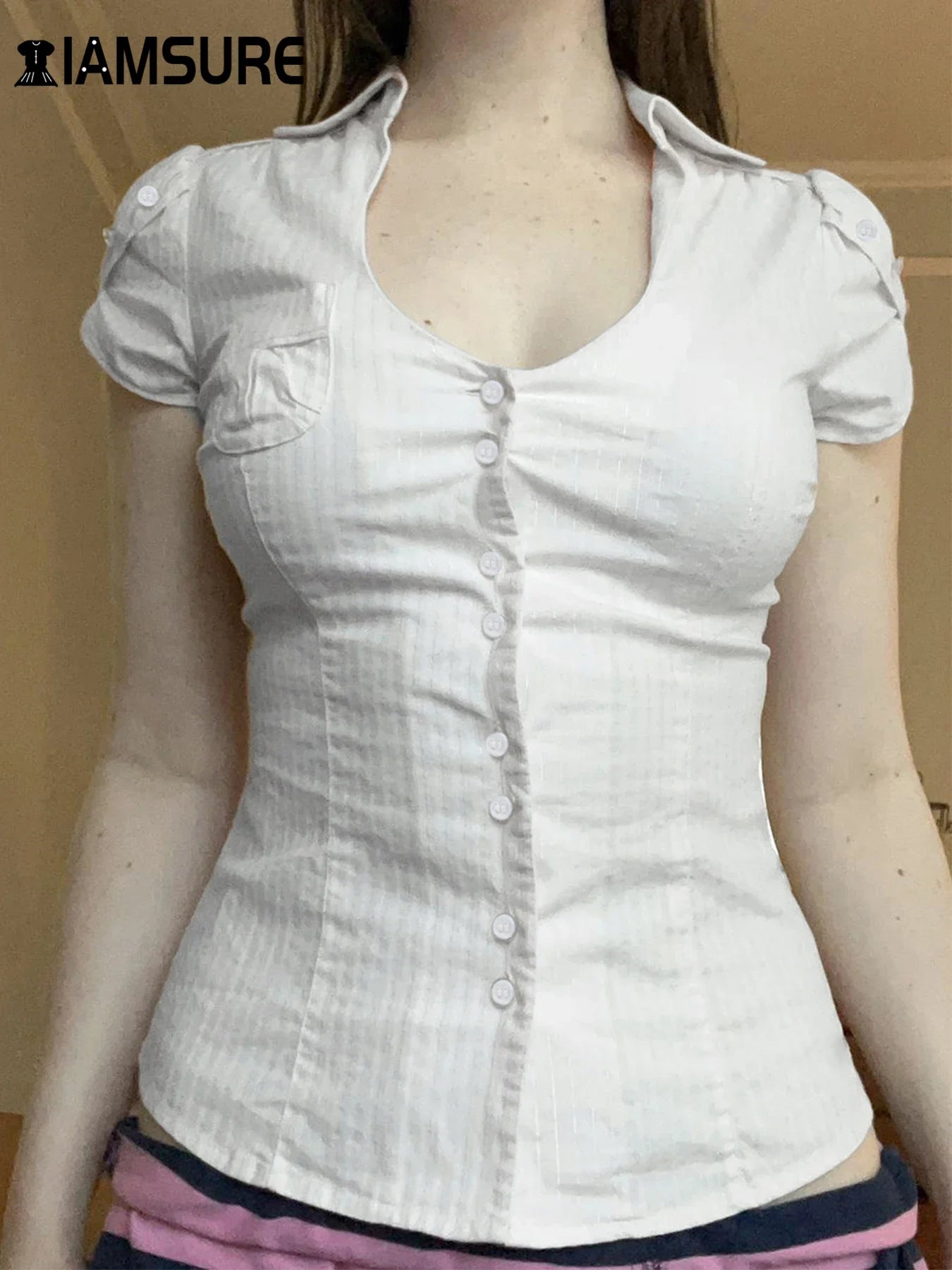 Slim Striped Blouse for Women Casual V-Neck Turn-Down Collar Short Puff Sleeve Summer Shirt