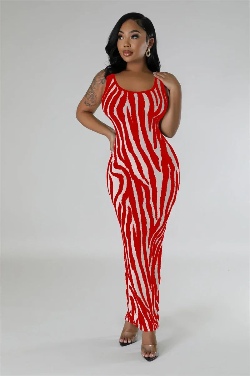 Zebra Print Bodycon Maxi Dress Ruched Sleeveless Party