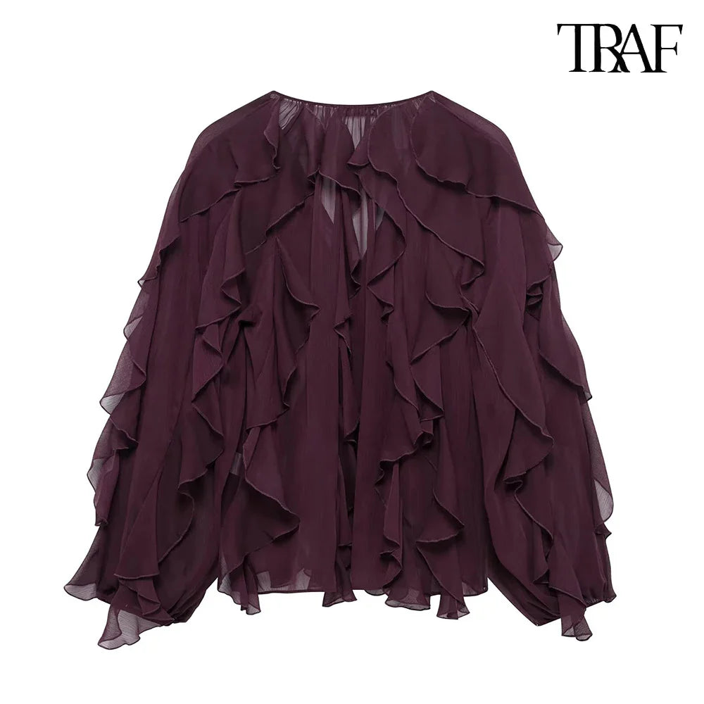 Elegant Solid Color Multi-Layered Ruffle V-Neck Sheer Long Sleeve Loose Blouse for Women