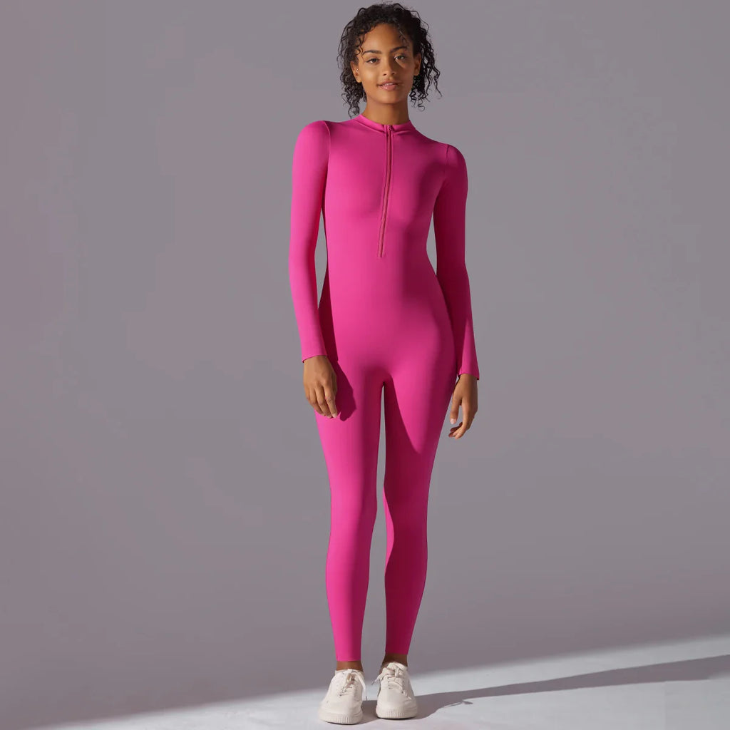 Women Nude Zipper Yoga Jumpsuit Long Sleeve One Piece Leotard High Intensity Workout Fitness Dance Gym Aerial Activewear