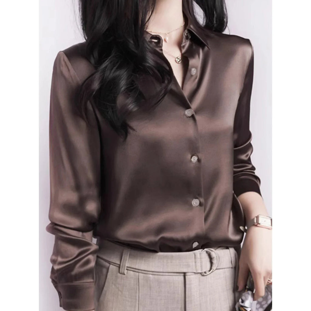 Elegant Satin Long Sleeve Shirt for Women Slim Fit Casual Office Blouse with Transparent Buttons