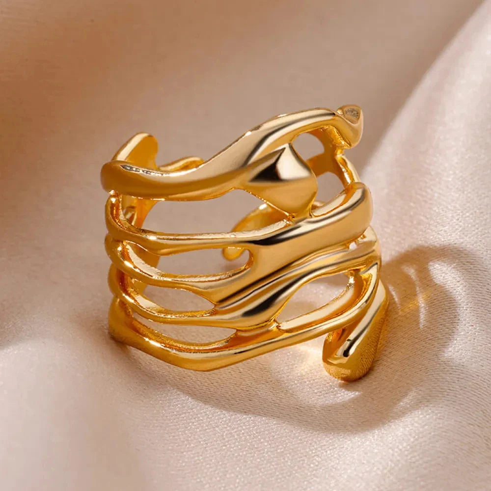 Gold Color Stainless Steel Wide Rings for Women and Men Hollow Design Party Jewelry Gift