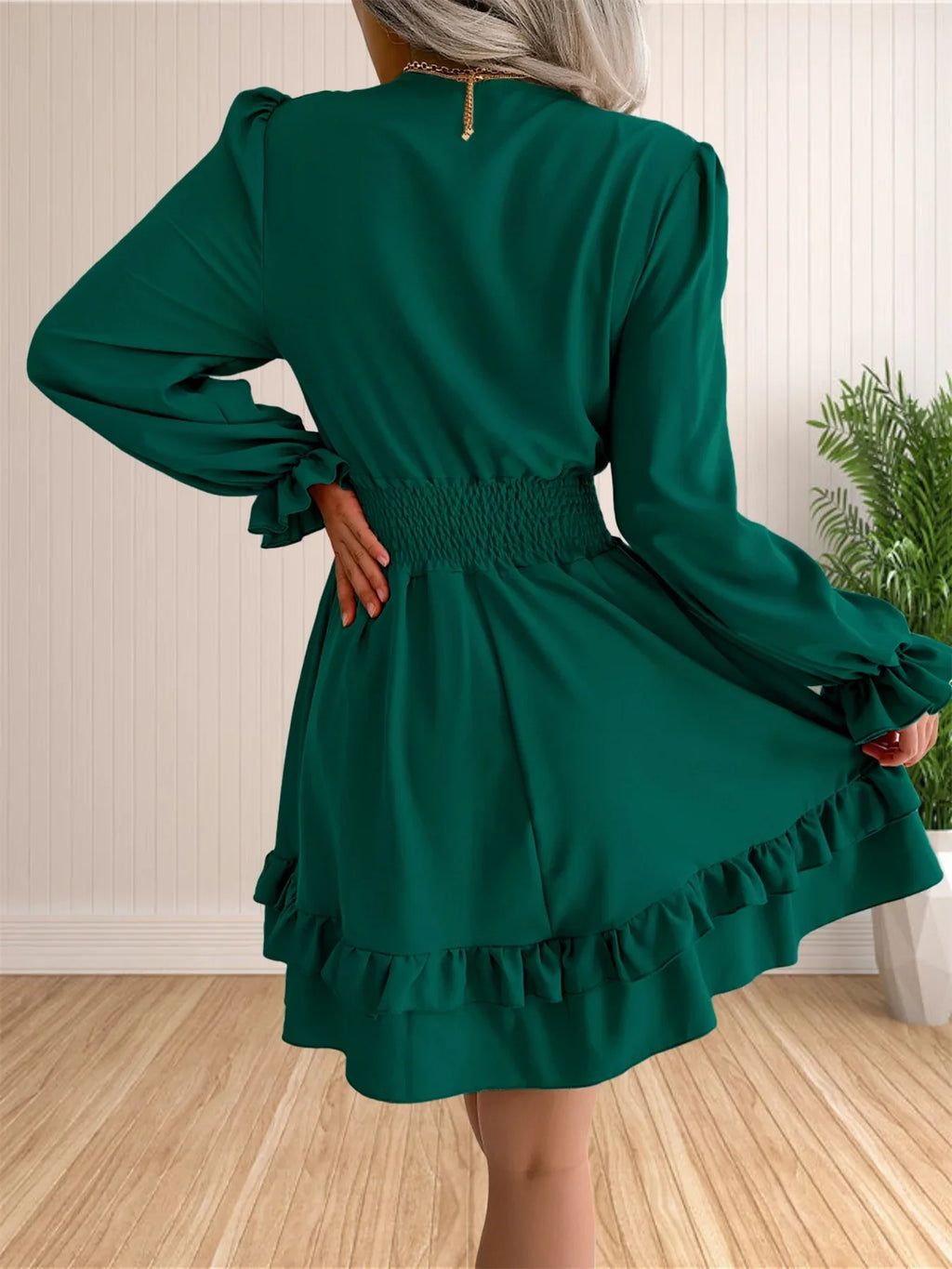 Womens V Neck Knot Front Smocked Waist Tiered Skater Dress