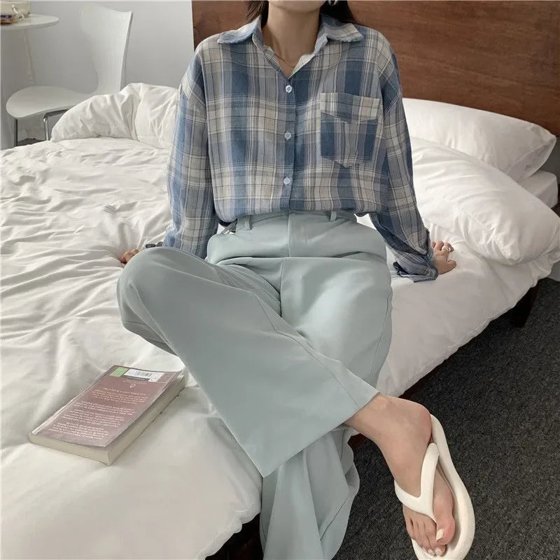 Casual Long Sleeve Plaid Blouse Mid Length Loose Fit Turn Down Collar Shirt for Women Autumn Winter Fashion Top