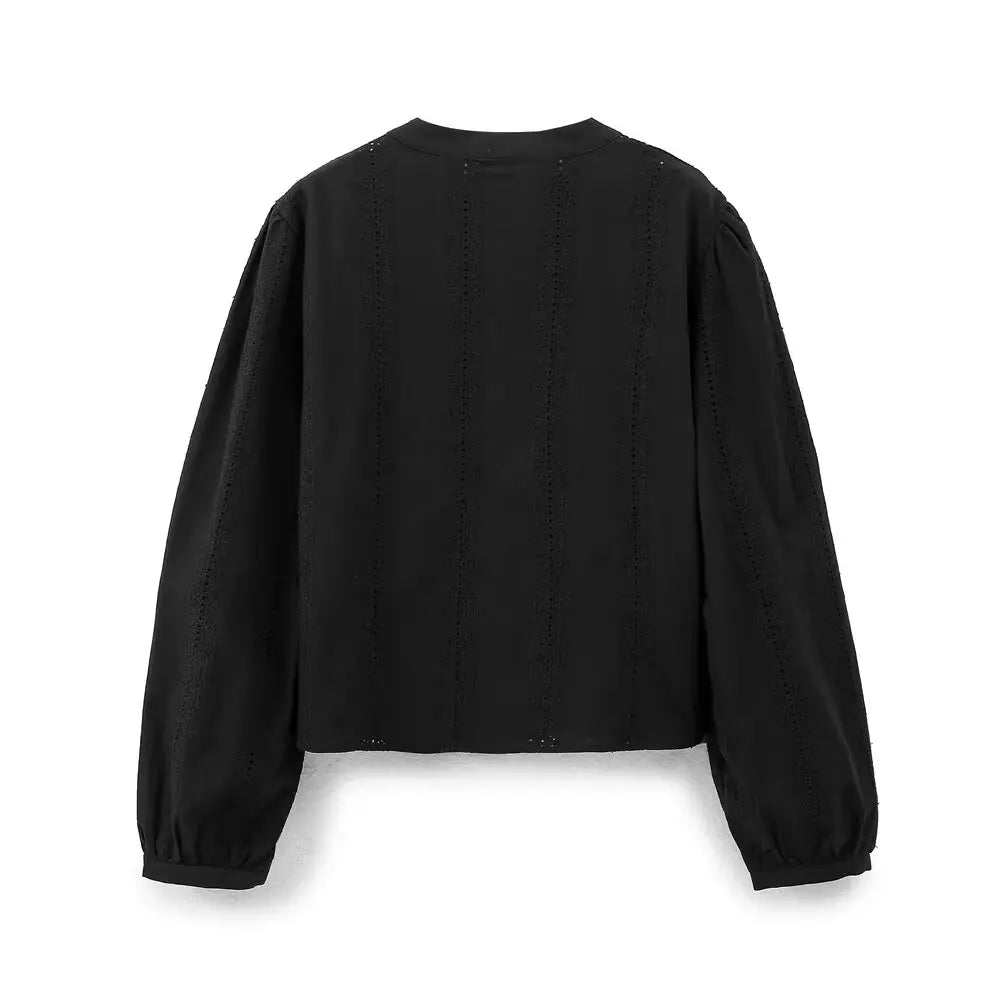 Womens Retro Casual Cotton Shirt Long Sleeve Embroidered Hollow Round Neck Lapel Top for Autumn