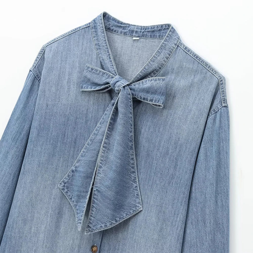 Women's Blue Denim Shirt With Stand Collar Bow Detail Single Breasted Long Sleeve Loose Fit Sweet Solid Casual Top