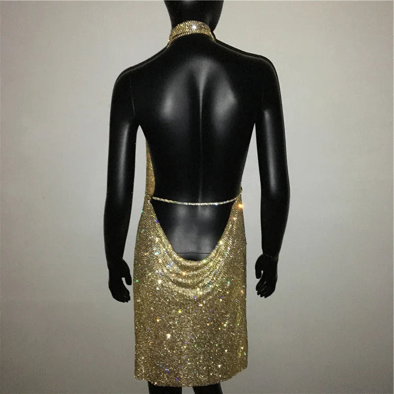 Sequin Rhinestone Backless Mini Dress For Nightclub Party