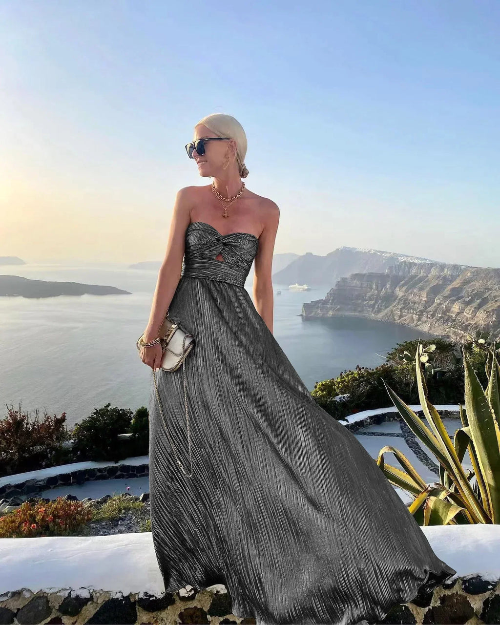 Sexy Chest Wrap Party Dress With Gold Stamping For Women