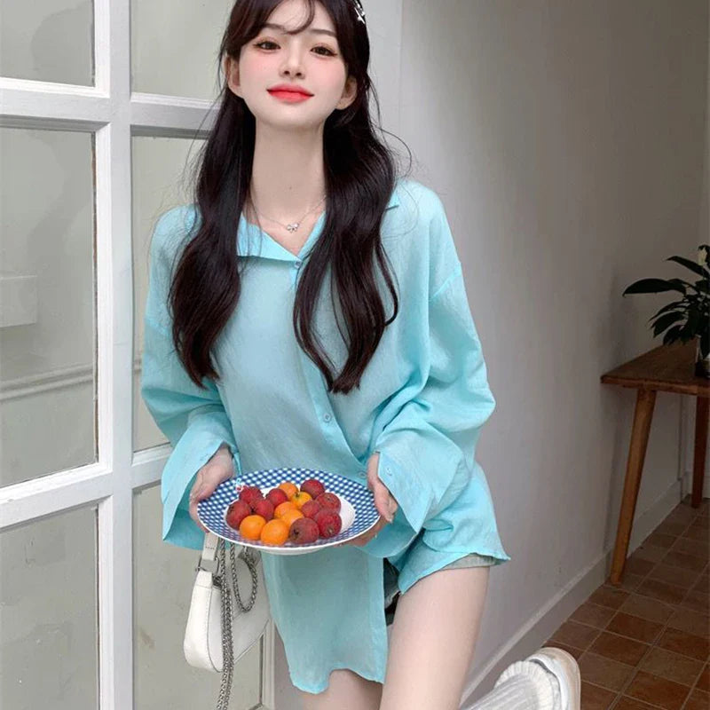 Purple Sunscreen Long Sleeve Shirt for Women Lightweight Single Breasted Loose Casual Blouse with Turn Down Collar