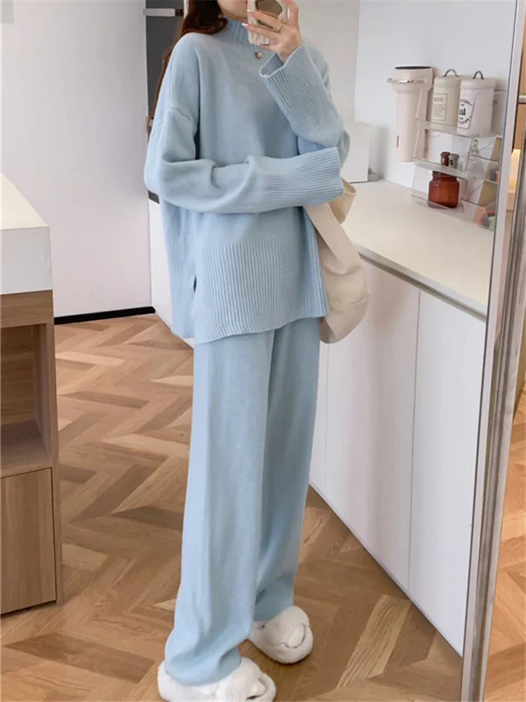 Fashionable Women's Split Sweater Set with Casual Pants in Solid Color Knitted Design