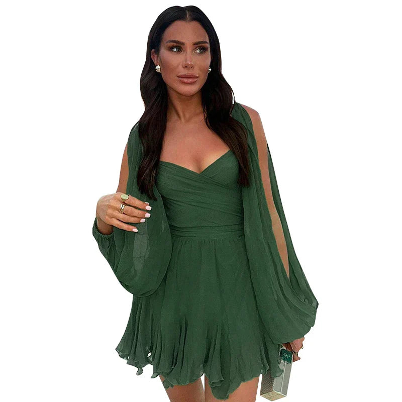 Off Shoulder V Neck Mini Dress For Women Long Sleeve Sheath