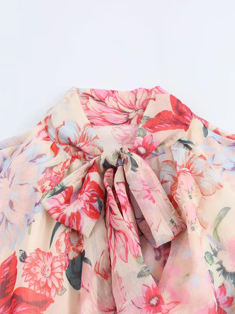 Floral Print Midi Dress With Belt Bow Collar Long Sleeve