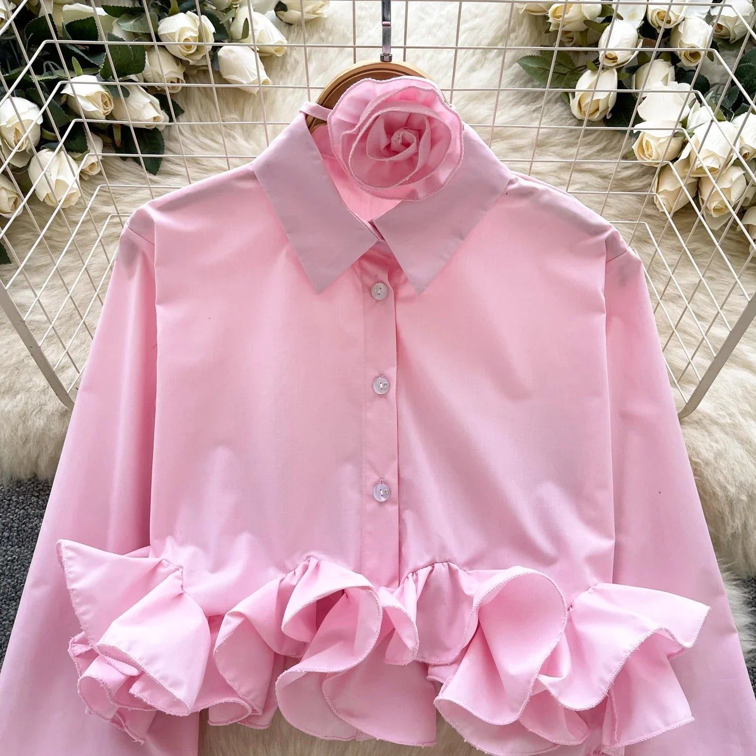 Women's 3D Floral Long Sleeve Blouse Single Breasted Turn-Down Collar Slim Fit Solid Color Shirt