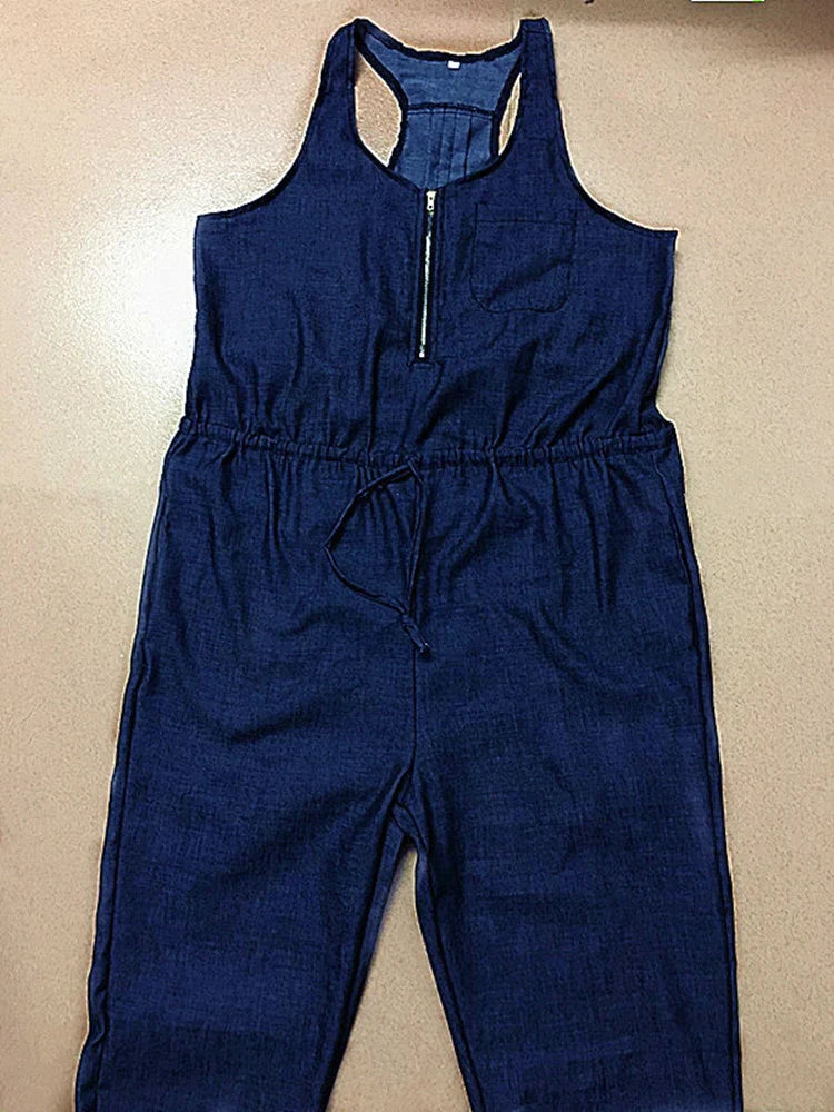Womens Sleeveless Denim Jumpsuit Waist-Cinching Romper with Long Pants Stylish Summer Outfit