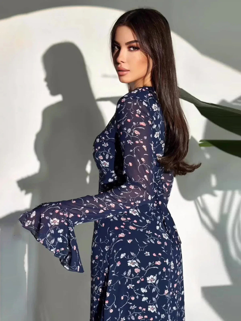 Elegant Printed Chiffon Maxi Dress With Lotus Sleeve Details