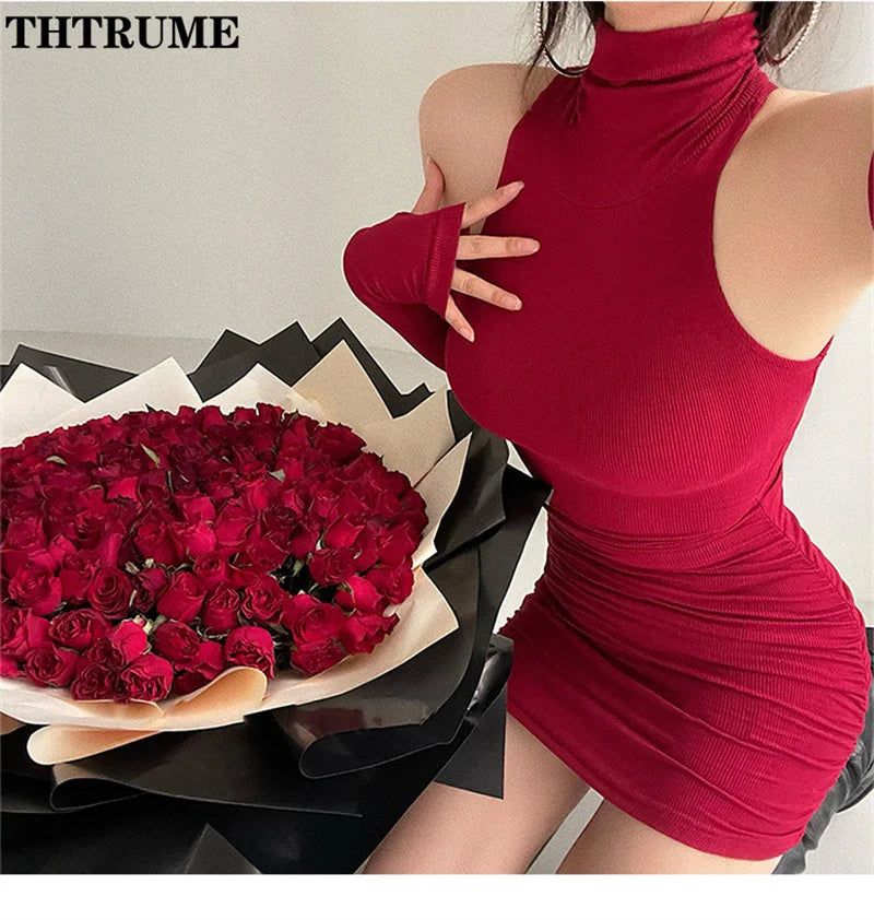 Red Bodycon Mini Dress High Neck Slim Fit Evening Party