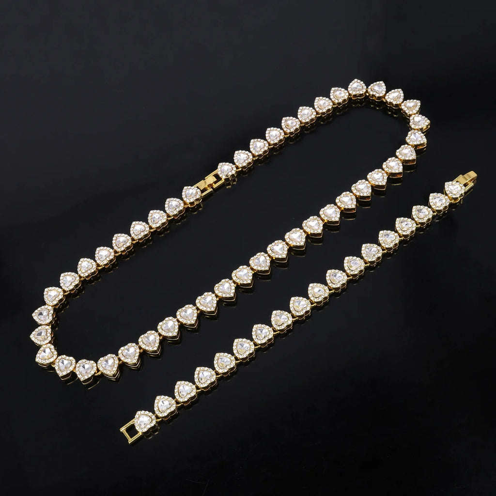 Hip Hop Tennis Chain Bracelet Necklace Set with Shiny Heart Rhinestone CZ Fashion Jewelry
