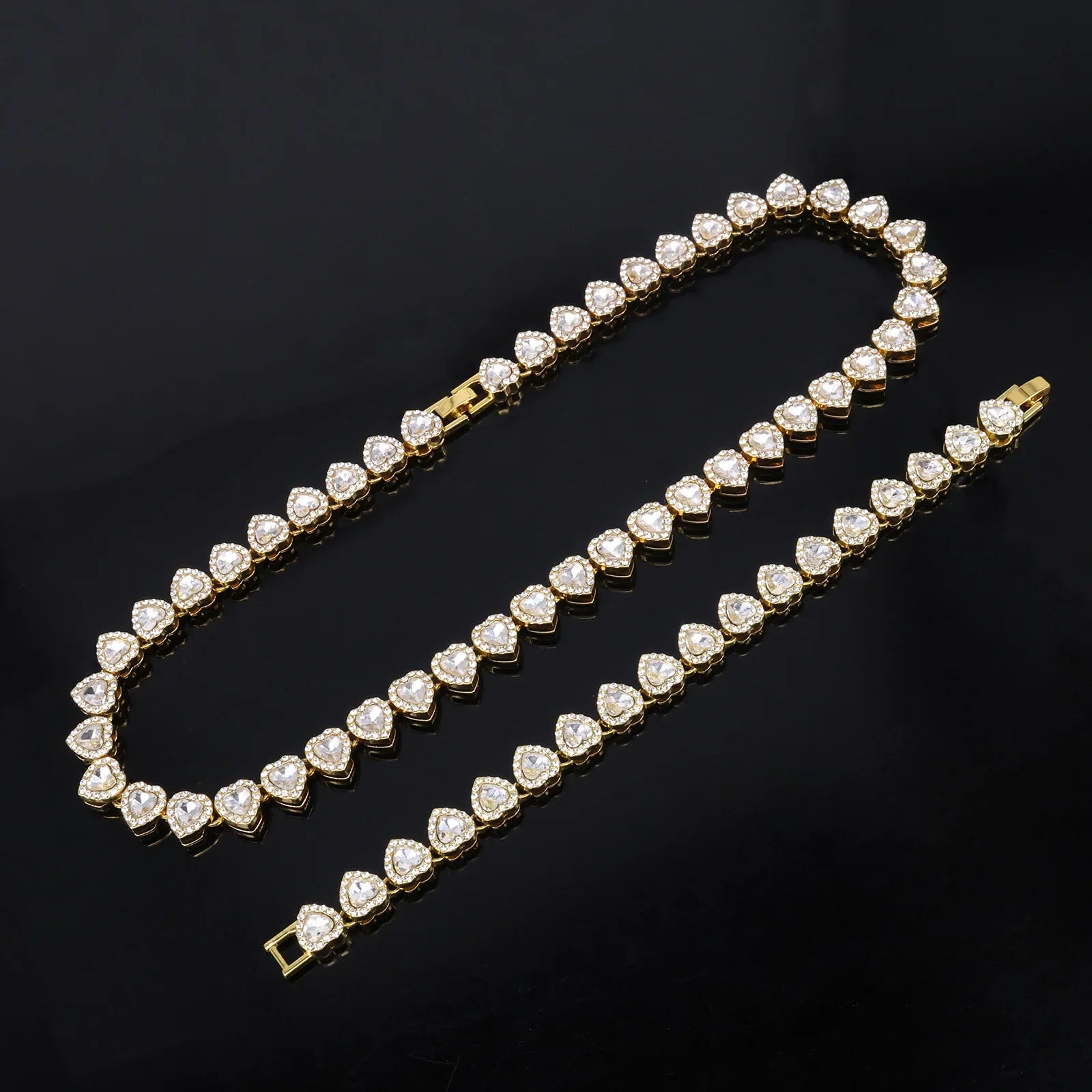 Hip Hop Tennis Chain Bracelet Necklace Set with Shiny Heart Rhinestone CZ Fashion Jewelry